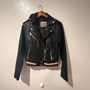 Women's Levi’s Black faux Leather moto Jacket with Red and White Accents